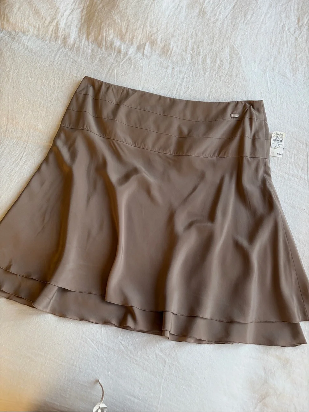 NWT Vintage Chanel Silk Logo Ruffle Flouncy Mini Skirt Taupe Brown Tan Pearl